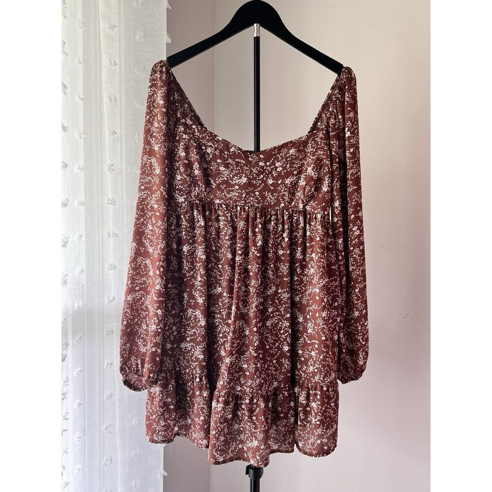Women’s Mon Ami M Brown White Floral Cottagecore Peasant Dress Long Sleeve